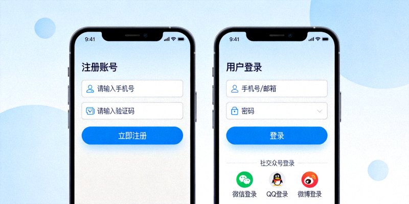 易风直播APP用户注册与登录界面的设计示意图