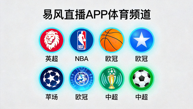 易风直播APP体育频道分类展示：包含英超、NBA、欧冠、中超等众多赛事图标列表